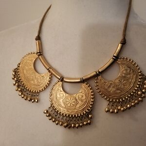 Chico's Gold Textured Three Pendant Bib Necklace Signed